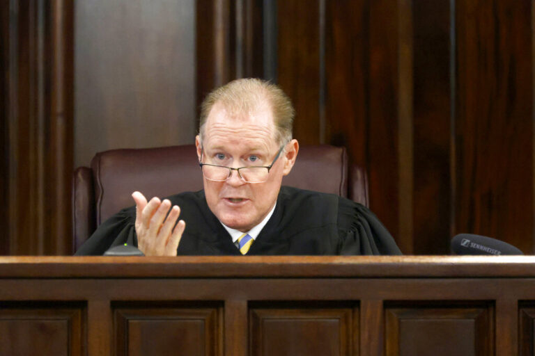 A photo of Superior Court Judge Timothy Walmsley in court, presiding over the Arbery trial.