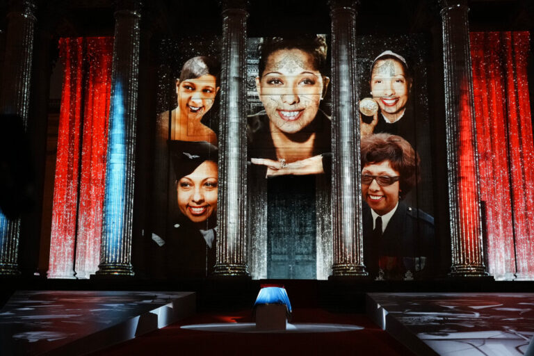 A projected image of Josephine Baker on the French Pantheon