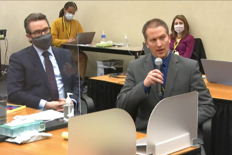 In this April 15, 2021, file image from video, defense attorney Eric Nelson, left, and defendant, former Minneapolis police Officer Derek Chauvin