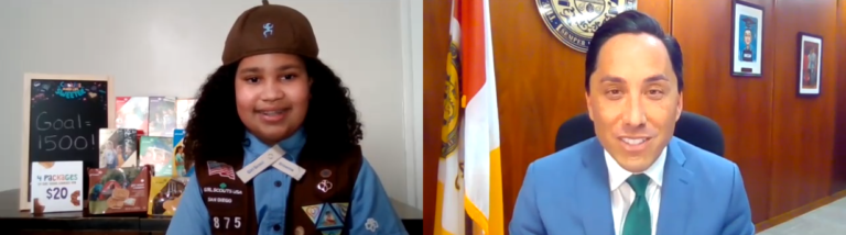 Mayor Gloria and Brownie Scout Madison meet to talk about the upcoming Girl Scout Cookie Season
