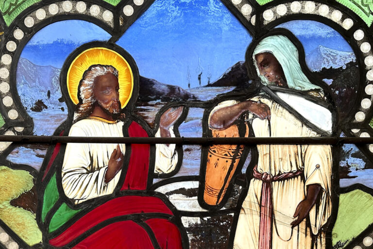 Stained Glass Window Showing Dark-Skinned Jesus Christ Heading to Memphis Museum